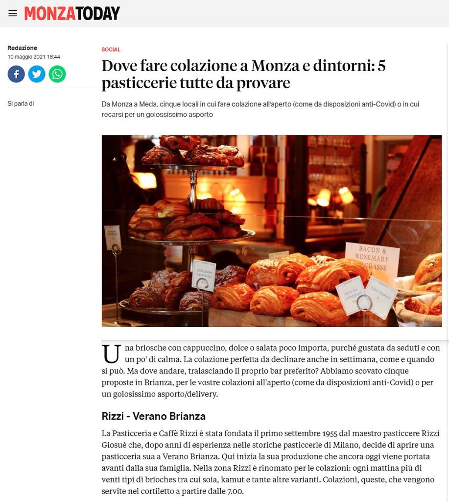 Articolo di MonzaToday sulle pasticcerie dove fare colazione a Monza e dintorni