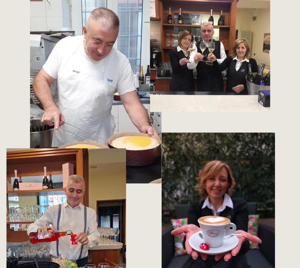 Il pasticcere in laboratorio, lo staff al banco e un cappuccino servito